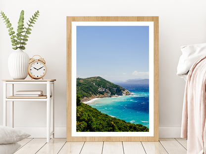 Blue Aegean Sea Coast & Forest Photograph Glass Framed Wall Art, Ready to Hang Quality Print With White Border Oak