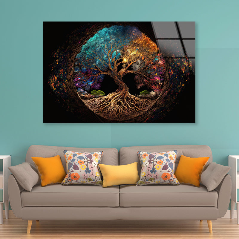 Oval Shaped Colorful Life of Tree Acrylic Glass Print Tempered Glass Wall Art 100% Made in Australia Ready to Hang - Bella Home Decor