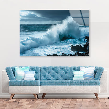 Large Wave Crashing Into Rocks, Sky Acrylic Glass Print Tempered Glass Wall Art 100% Made in Australia Ready to Hang - Bella Home Decor