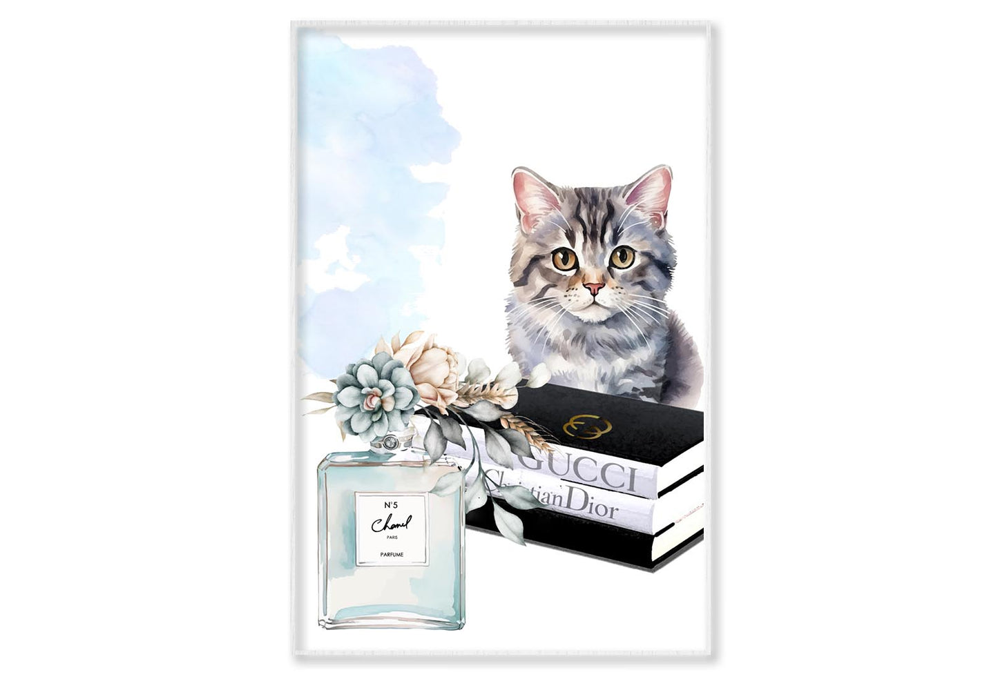 Perfume with Cat Wall Art Limited Edition High Quality Print Canvas Box Framed White