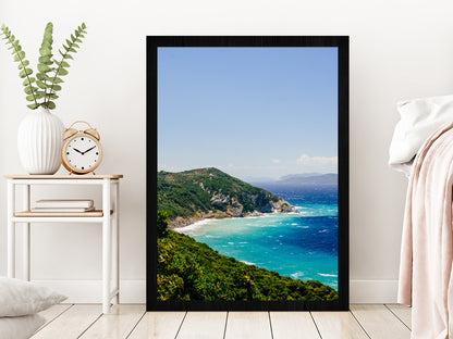 Blue Aegean Sea Coast & Forest Photograph Glass Framed Wall Art, Ready to Hang Quality Print Without White Border Black