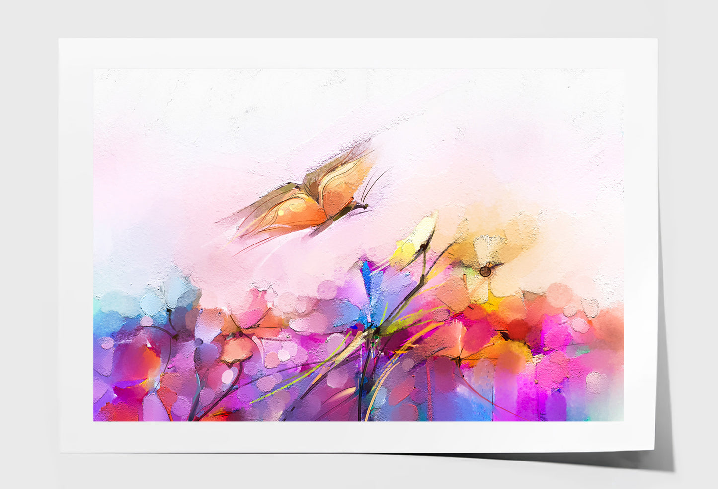 Abstract Butterfly Flying over Spring Flowers Painting Wall Art Limited Edition High Quality Print Unframed Roll Canvas None