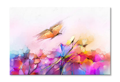 Abstract Butterfly Flying over Spring Flowers Painting Wall Art Limited Edition High Quality Print Stretched Canvas None