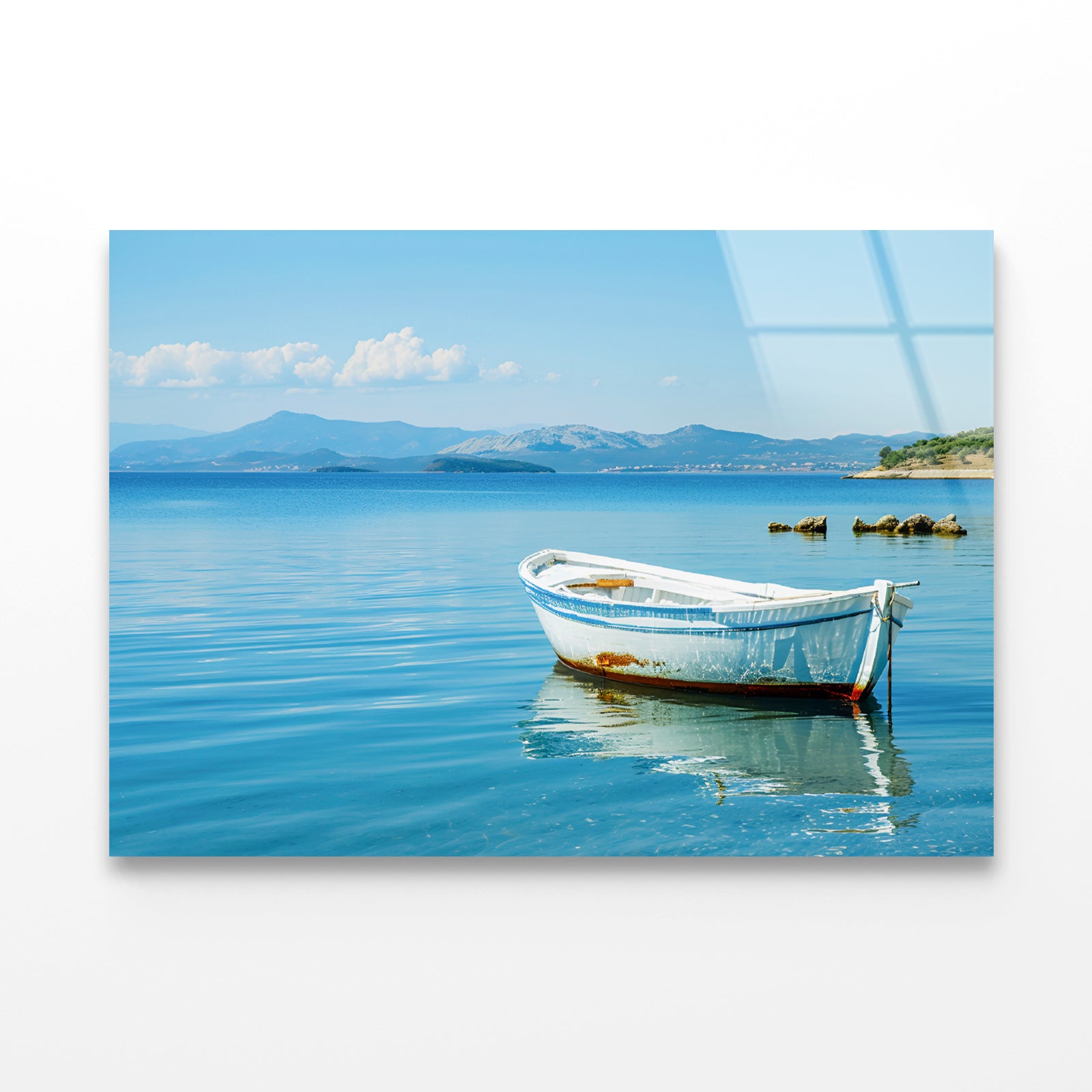 Small White Fishing Boat Floating Alone Acrylic Glass Print Tempered Glass Wall Art 100% Made in Australia Ready to Hang - Bella Home Decor