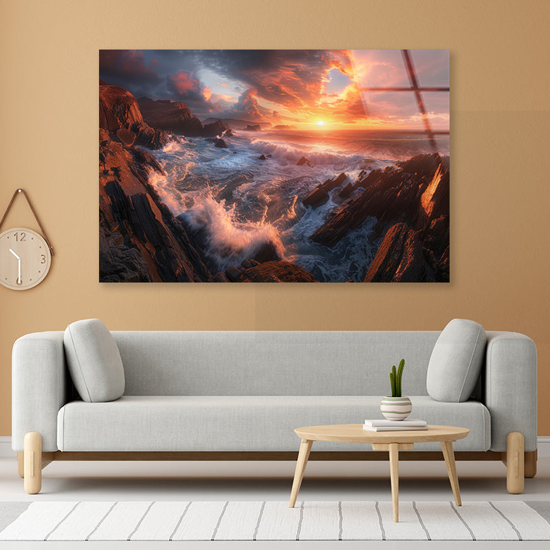Sunset over a Rocky Beach Acrylic Glass Print Tempered Glass Wall Art 100% Made in Australia Ready to Hang - Bella Home Decor