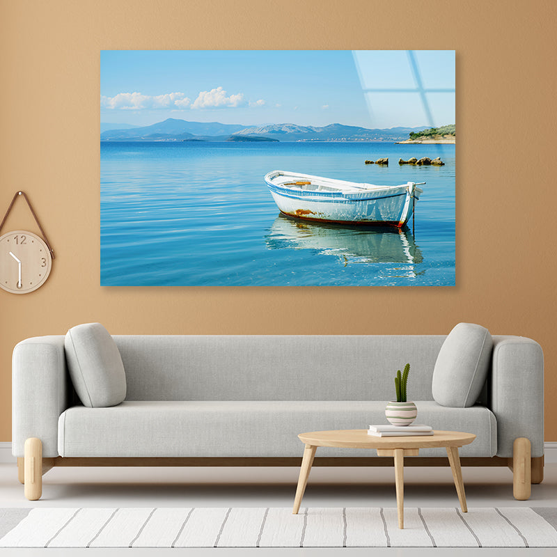 Small White Fishing Boat Floating Alone Acrylic Glass Print Tempered Glass Wall Art 100% Made in Australia Ready to Hang - Bella Home Decor