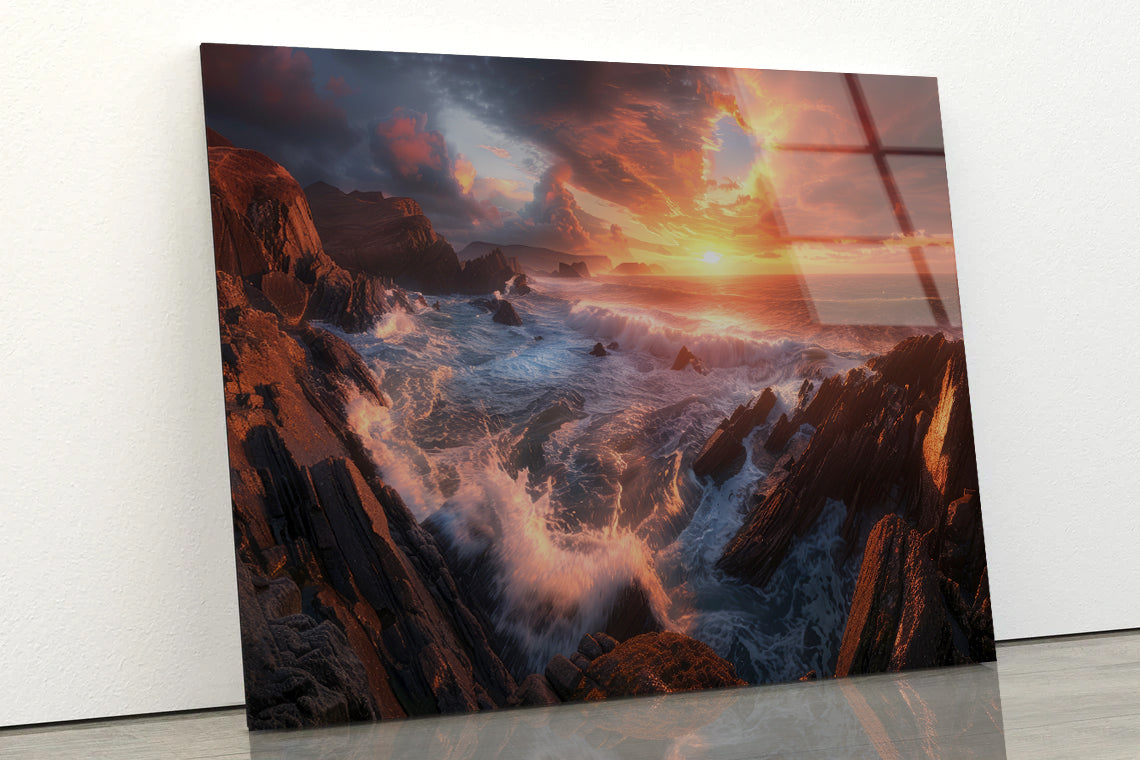 Sunset over a Rocky Beach Acrylic Glass Print Tempered Glass Wall Art 100% Made in Australia Ready to Hang - Bella Home Decor