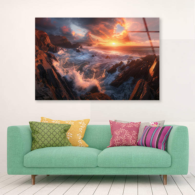 Sunset over a Rocky Beach Acrylic Glass Print Tempered Glass Wall Art 100% Made in Australia Ready to Hang - Bella Home Decor