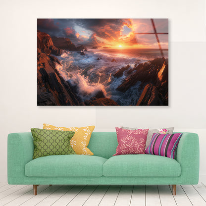 Sunset over a Rocky Beach Acrylic Glass Print Tempered Glass Wall Art 100% Made in Australia Ready to Hang - Bella Home Decor