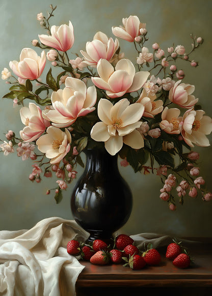 Magnolia Vase and Strawberries Table 40x60cm Metal Print Ready to Hang - Bella Home Decor