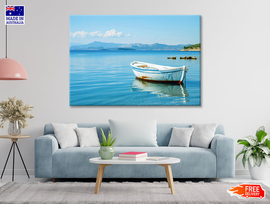 Small White Fishing Boat Floating Alone Print 100% Australian Made - Bella Home Decor