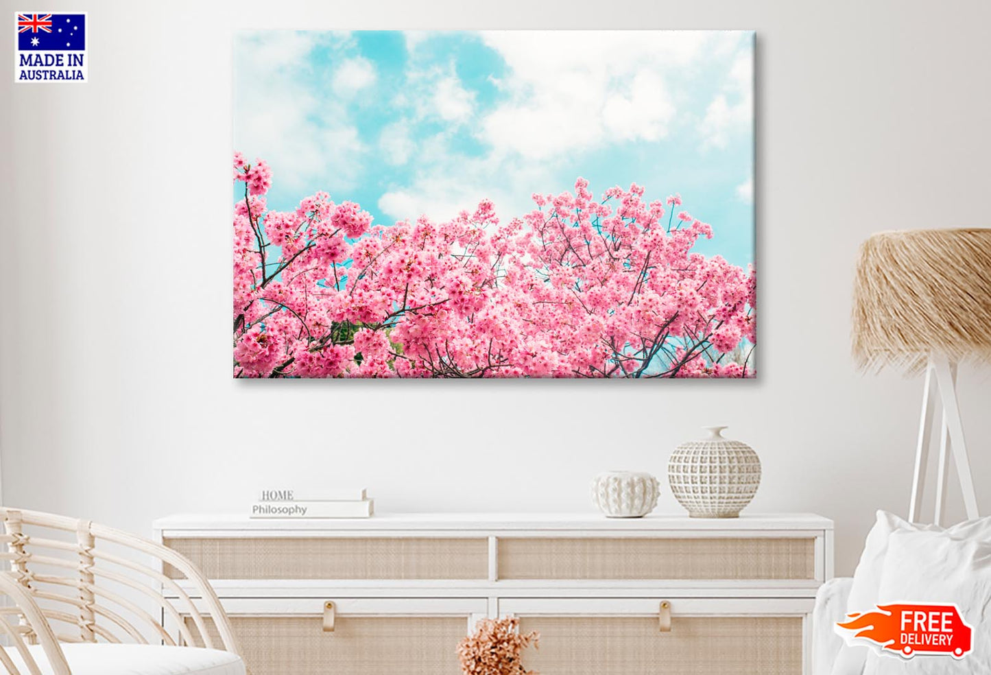 Kawazu Cherry Blossoms Tree & Sky View  Wall Art Decor 100% Australian Made