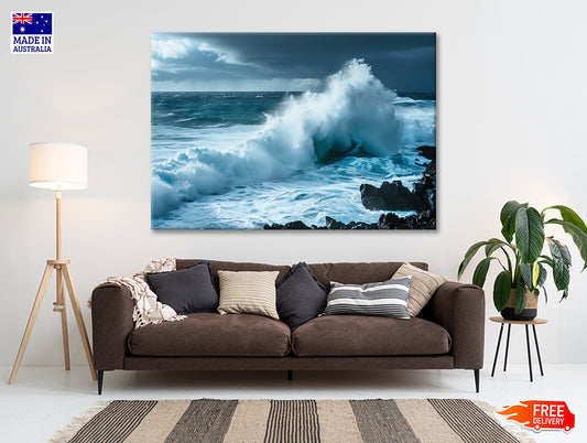 Large Wave Crashing Into Rocks, Sky Print 100% Australian Made - Bella Home Decor