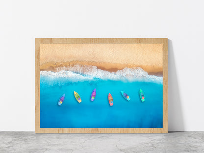 Colorful Boats On Beach Glass Framed Wall Art, Ready to Hang Quality Print Without White Border Oak