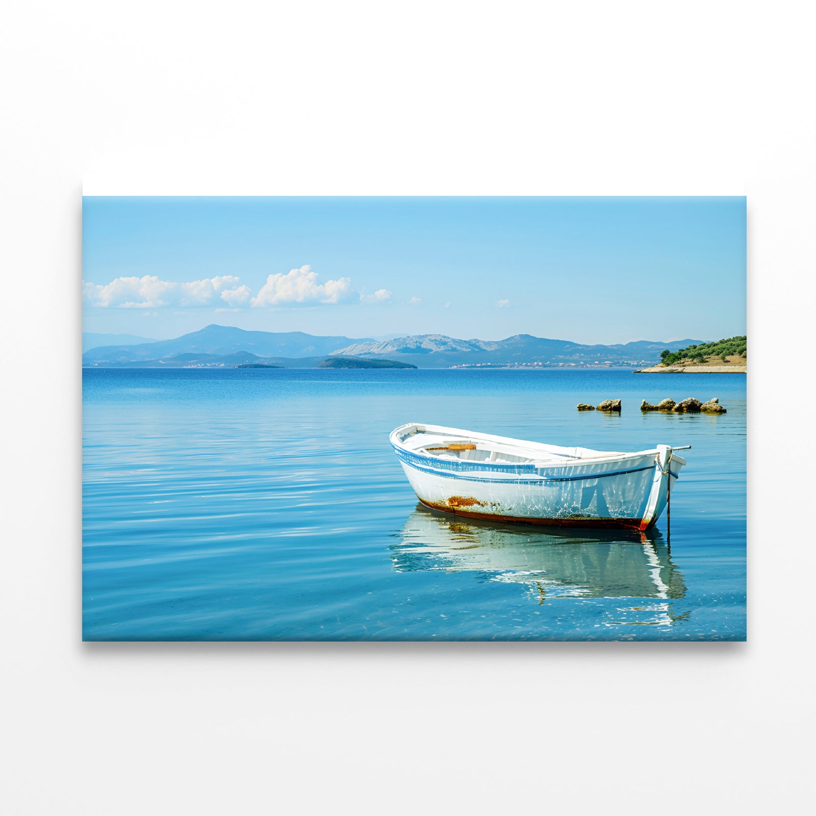 Small White Fishing Boat Floating Alone Print 100% Australian Made - Bella Home Decor