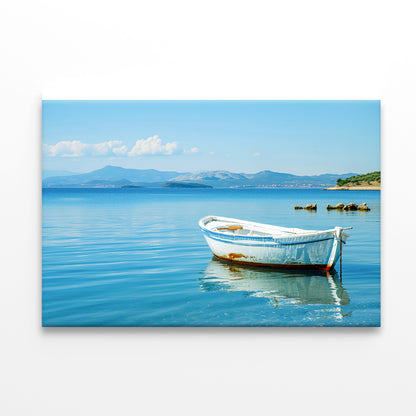 Small White Fishing Boat Floating Alone Print 100% Australian Made - Bella Home Decor