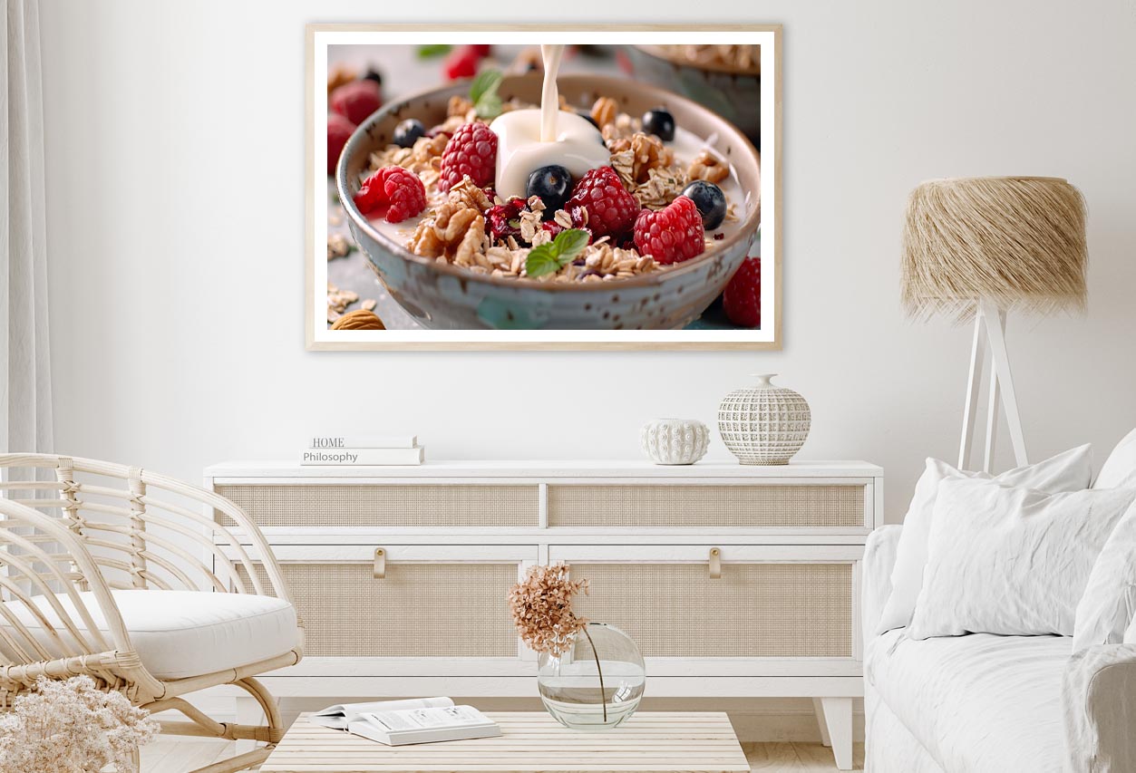 Close Up of Milk Pouring onto Oats Home Decor Premium Quality Poster Print Choose Your Sizes