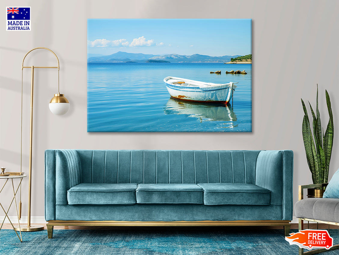 Small White Fishing Boat Floating Alone Print 100% Australian Made - Bella Home Decor