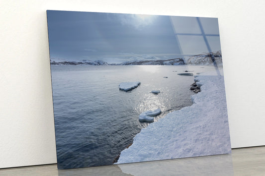 Winter Scene with the Lake Covered In Ice and Snow Acrylic Glass Print Tempered Glass Wall Art 100% Made in Australia Ready to Hang