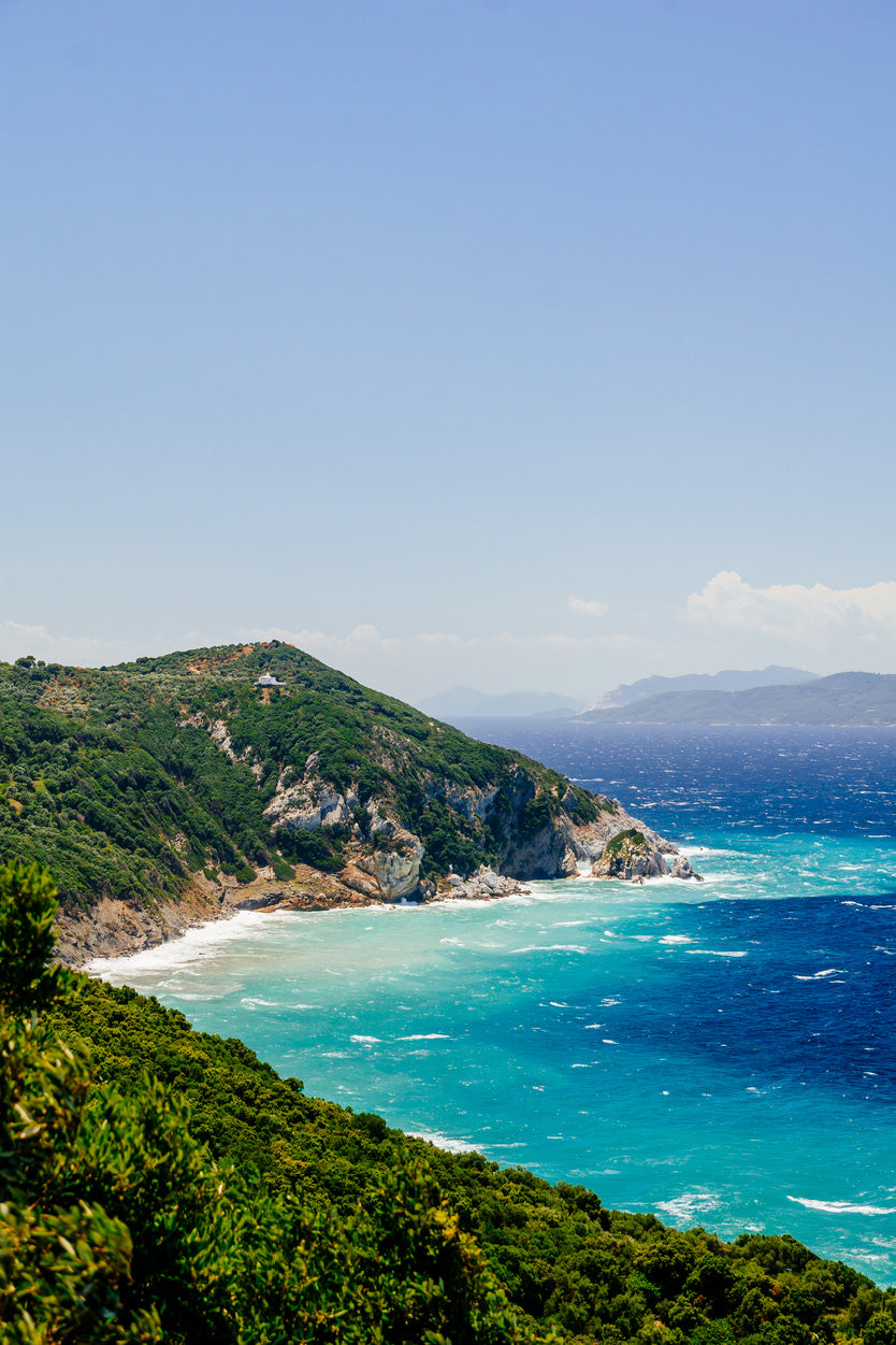 Blue Aegean Sea Coast & Forest Photograph Glass Framed Wall Art, Ready to Hang Quality Print