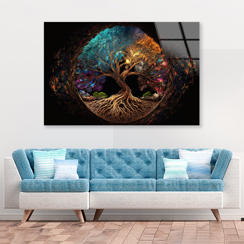 Oval Shaped Colorful Life of Tree Acrylic Glass Print Tempered Glass Wall Art 100% Made in Australia Ready to Hang - Bella Home Decor