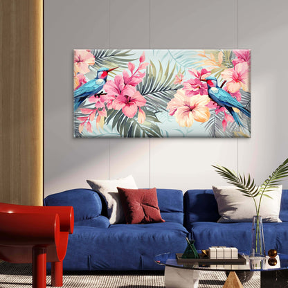 Paradise Blue Bird Hibiscus Wall Art Canvas Office Home Room Framed 120x60cm - Bella Home Decor