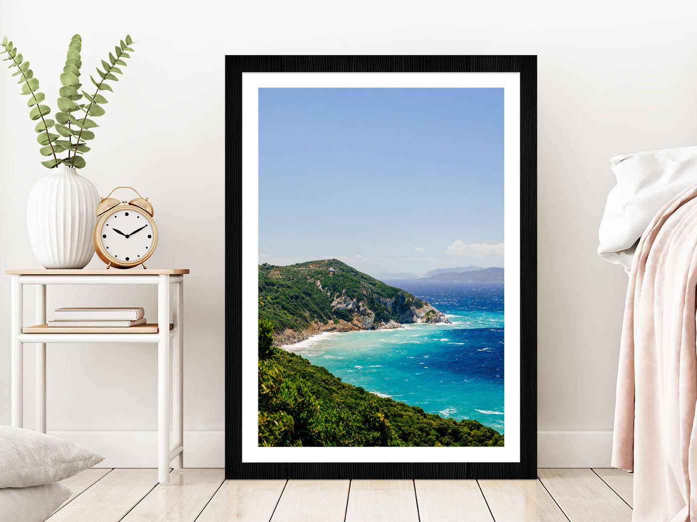 Blue Aegean Sea Coast & Forest Photograph Glass Framed Wall Art, Ready to Hang Quality Print With White Border Black