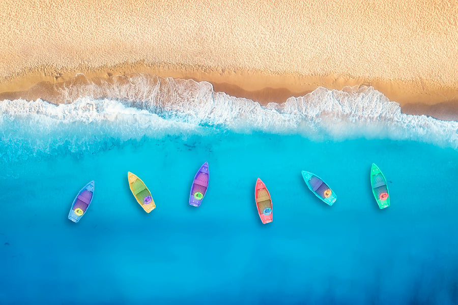 Colorful Boats On Beach Glass Framed Wall Art, Ready to Hang Quality Print