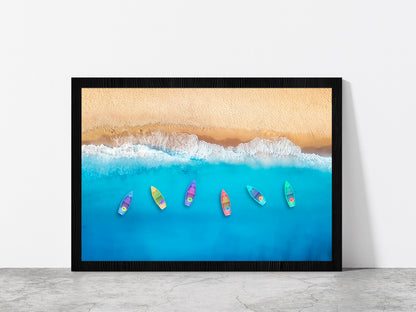 Colorful Boats On Beach Glass Framed Wall Art, Ready to Hang Quality Print Without White Border Black