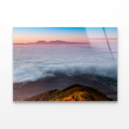 Foggy Dawn Mountains with Beach Acrylic Glass Print Tempered Glass Wall Art 100% Made in Australia Ready to Hang