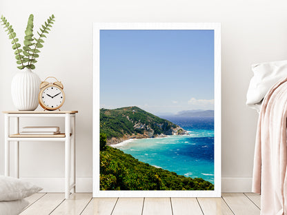 Blue Aegean Sea Coast & Forest Photograph Glass Framed Wall Art, Ready to Hang Quality Print Without White Border White