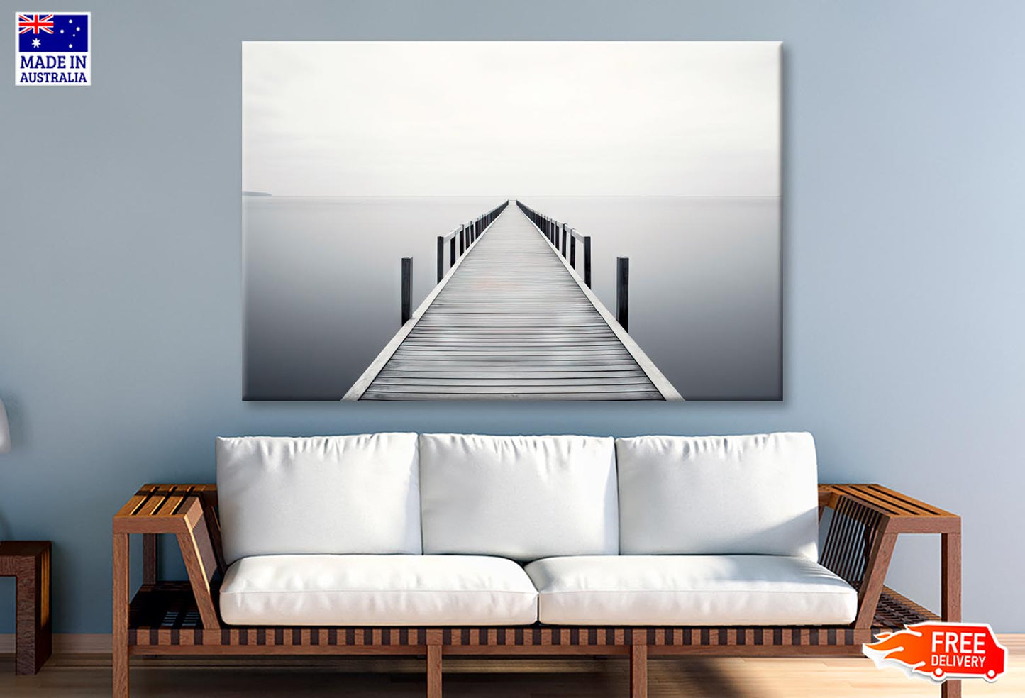 Wooden Pier on A Tranquil Lake Shrouded in Misty Wall Art Decor 100% Australian Made