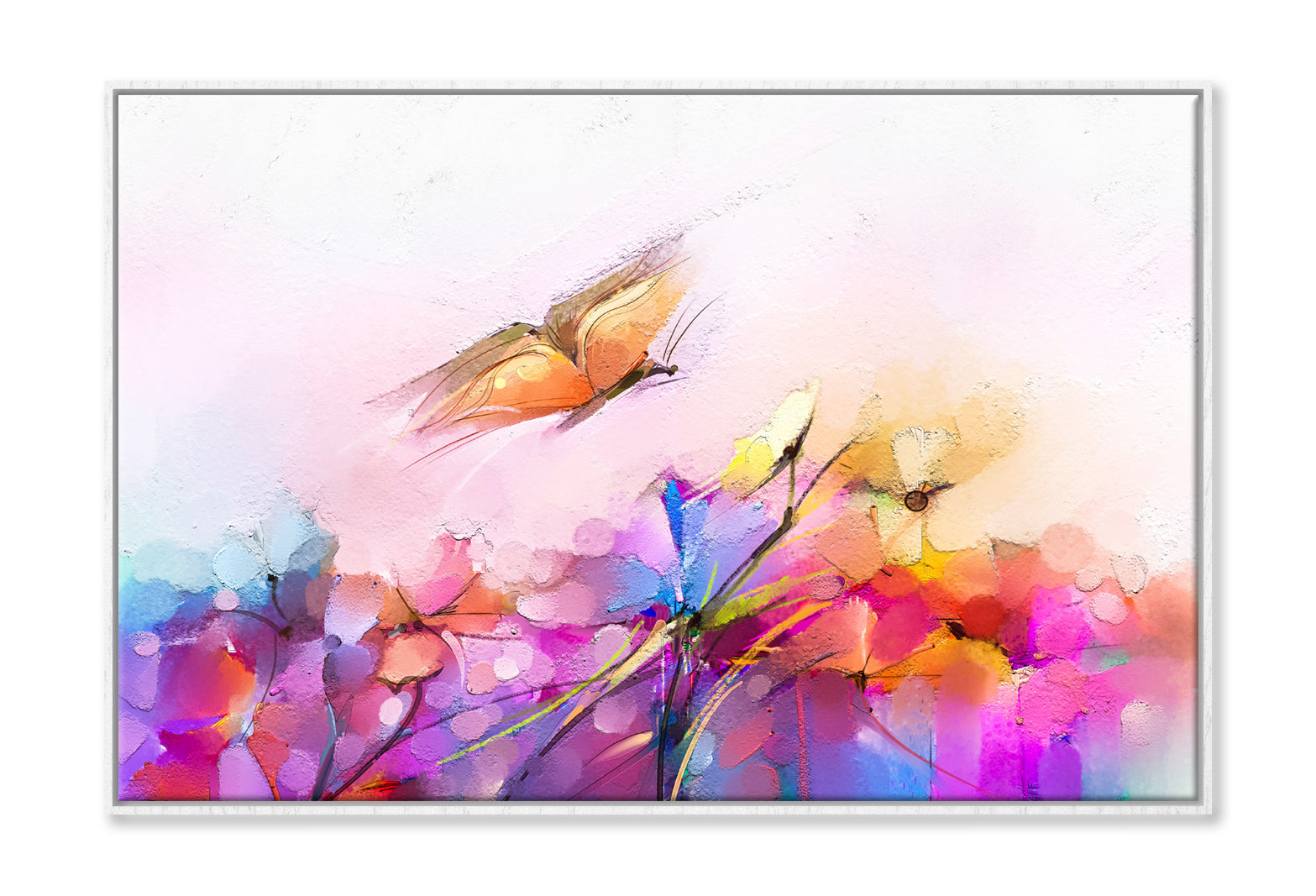 Abstract Butterfly Flying over Spring Flowers Painting Wall Art Limited Edition High Quality Print Canvas Box Framed White