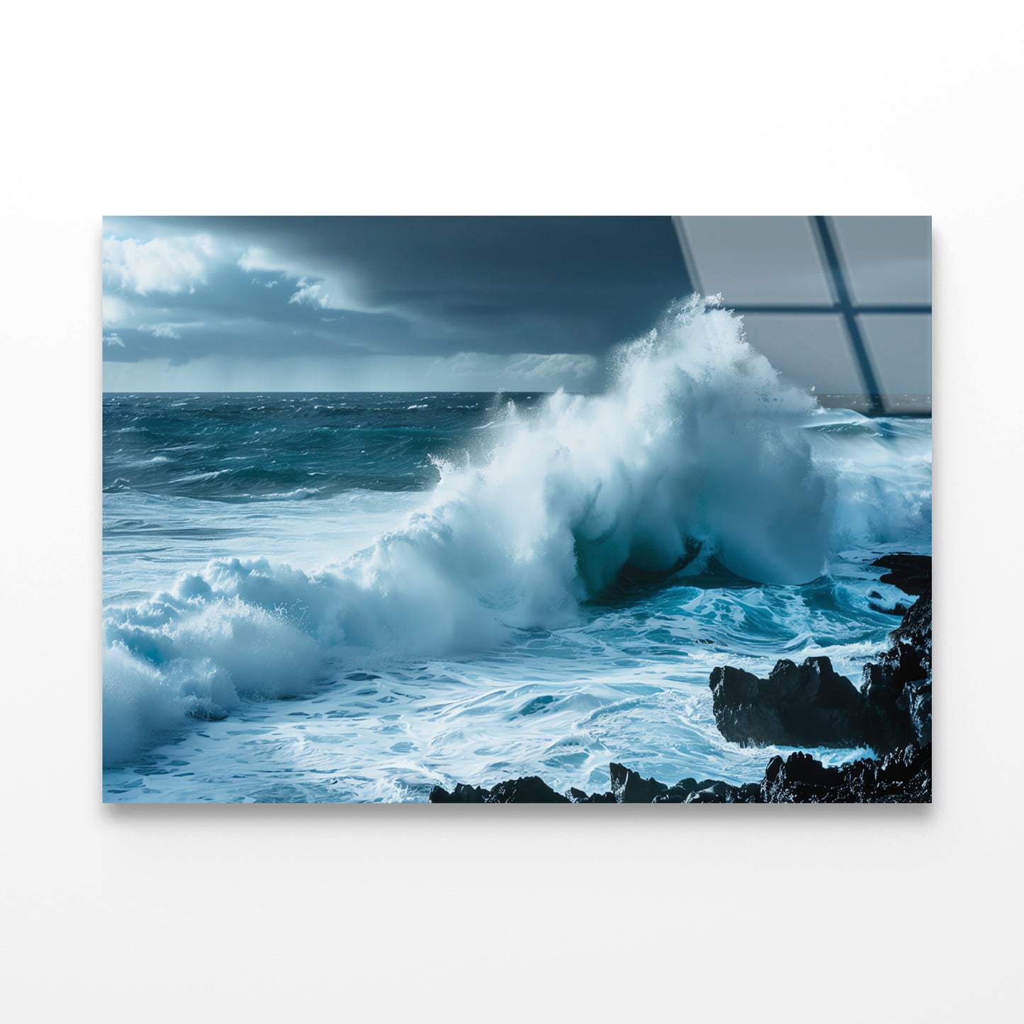 Large Wave Crashing Into Rocks, Sky Acrylic Glass Print Tempered Glass Wall Art 100% Made in Australia Ready to Hang - Bella Home Decor