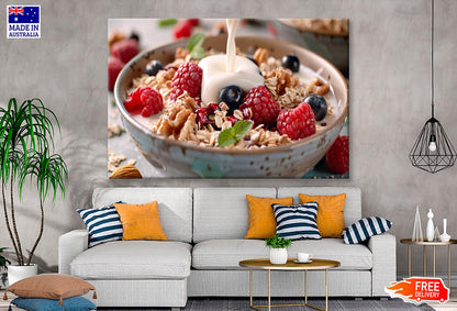 Close Up of Milk Pouring onto Oats Wall Art Decor 100% Australian Made