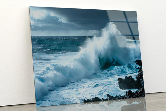 Large Wave Crashing Into Rocks, Sky Acrylic Glass Print Tempered Glass Wall Art 100% Made in Australia Ready to Hang - Bella Home Decor