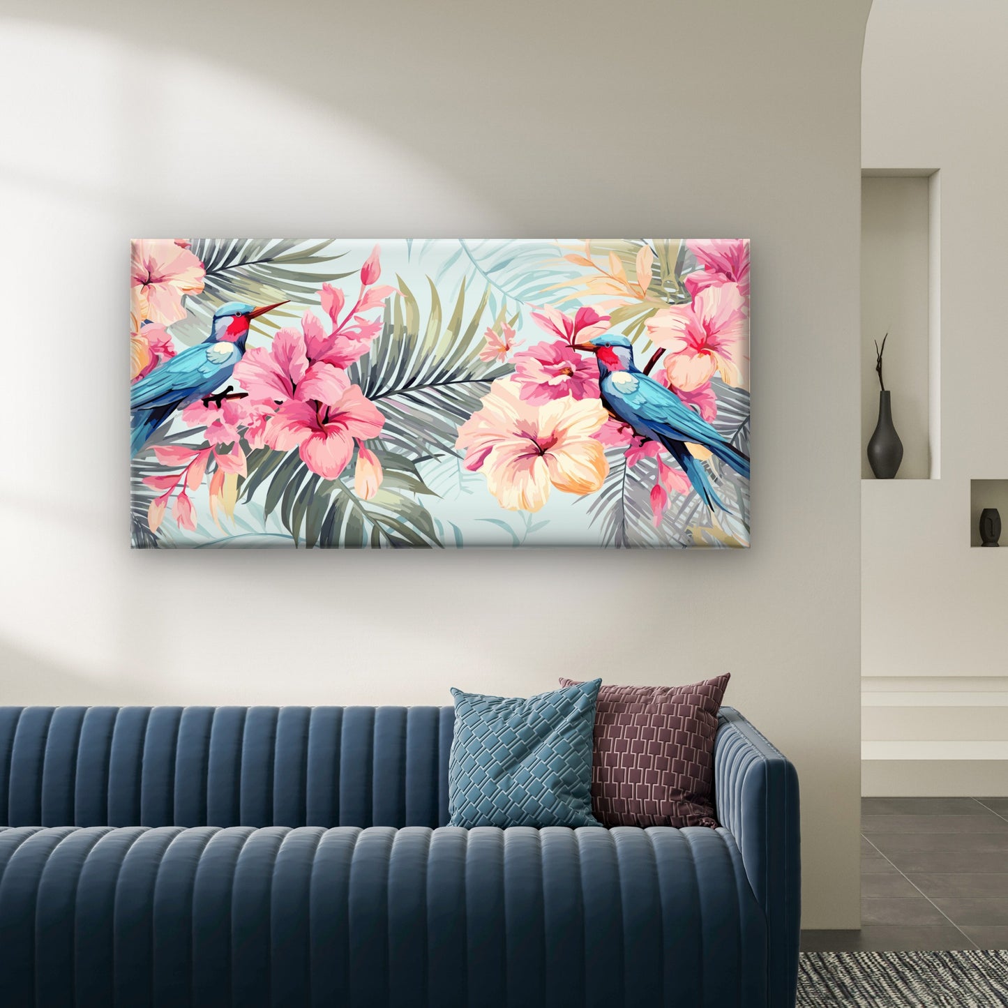 Paradise Blue Bird Hibiscus Wall Art Canvas Office Home Room Framed 120x60cm - Bella Home Decor