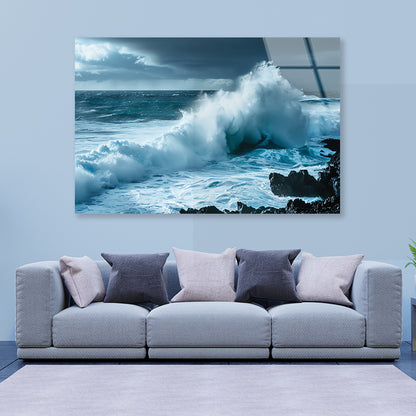 Large Wave Crashing Into Rocks, Sky Acrylic Glass Print Tempered Glass Wall Art 100% Made in Australia Ready to Hang - Bella Home Decor