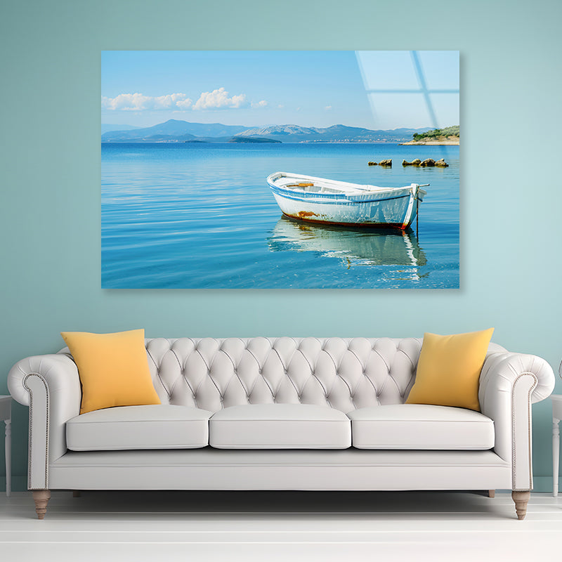 Small White Fishing Boat Floating Alone Acrylic Glass Print Tempered Glass Wall Art 100% Made in Australia Ready to Hang - Bella Home Decor