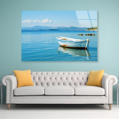 Small White Fishing Boat Floating Alone Acrylic Glass Print Tempered Glass Wall Art 100% Made in Australia Ready to Hang - Bella Home Decor