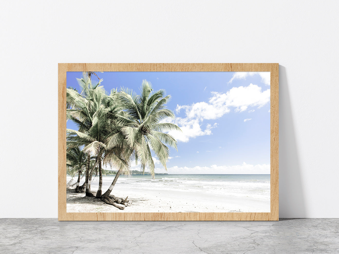 Palm Trees near Sea & Cloudy Blue Sky Photograph Glass Framed Wall Art, Ready to Hang Quality Print Without White Border Oak