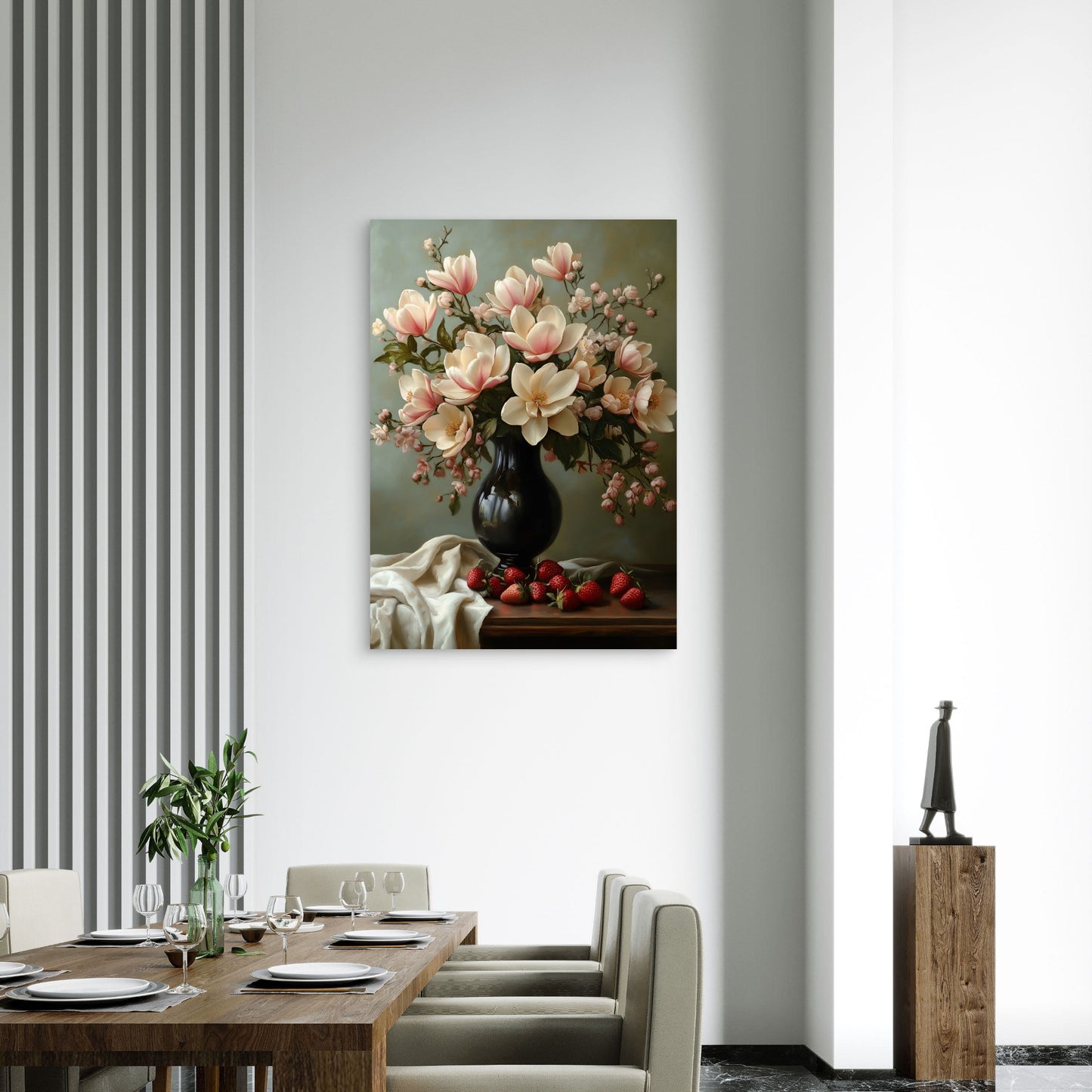 Magnolia Vase and Strawberries Table 60x90cm Metal Print Ready to Hang - Bella Home Decor