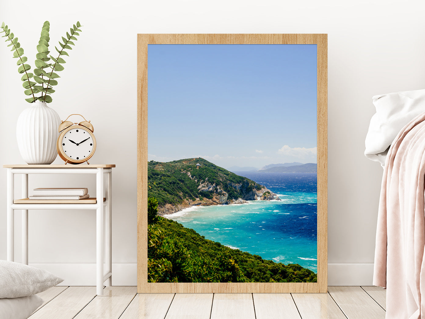 Blue Aegean Sea Coast & Forest Photograph Glass Framed Wall Art, Ready to Hang Quality Print Without White Border Oak