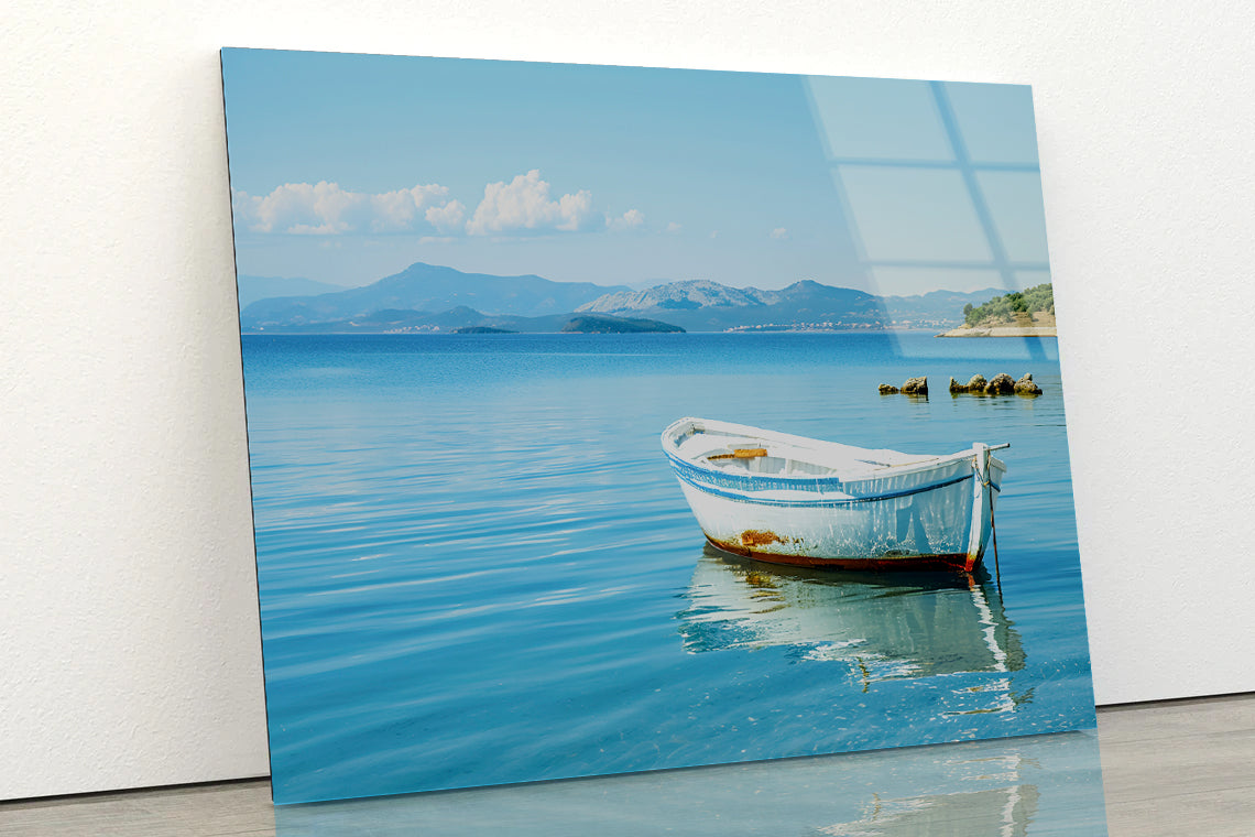 Small White Fishing Boat Floating Alone Acrylic Glass Print Tempered Glass Wall Art 100% Made in Australia Ready to Hang - Bella Home Decor