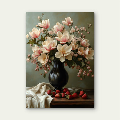 Magnolia Vase and Strawberries Table 60x90cm Metal Print Ready to Hang - Bella Home Decor