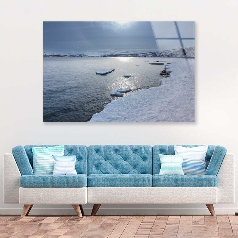 Winter Scene with the Lake Covered In Ice and Snow Acrylic Glass Print Tempered Glass Wall Art 100% Made in Australia Ready to Hang