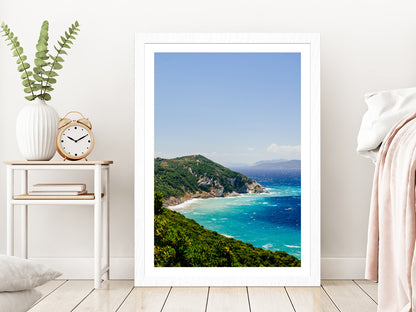 Blue Aegean Sea Coast & Forest Photograph Glass Framed Wall Art, Ready to Hang Quality Print With White Border White