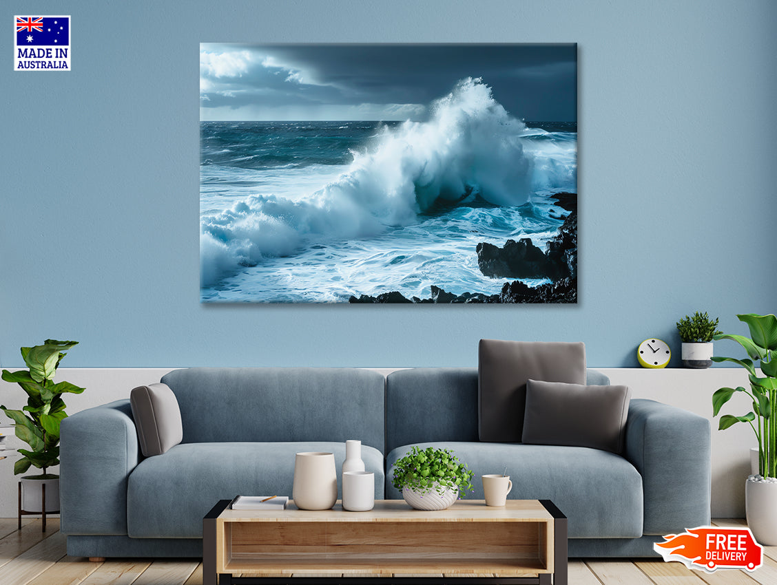 Large Wave Crashing Into Rocks, Sky Print 100% Australian Made - Bella Home Decor