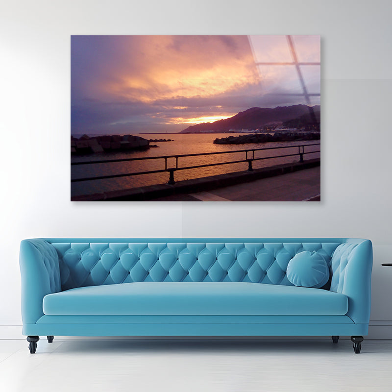 Sky With Sunset Behind Mountain Acrylic Glass Print Tempered Glass Wall Art 100% Made in Australia Ready to Hang - Bella Home Decor