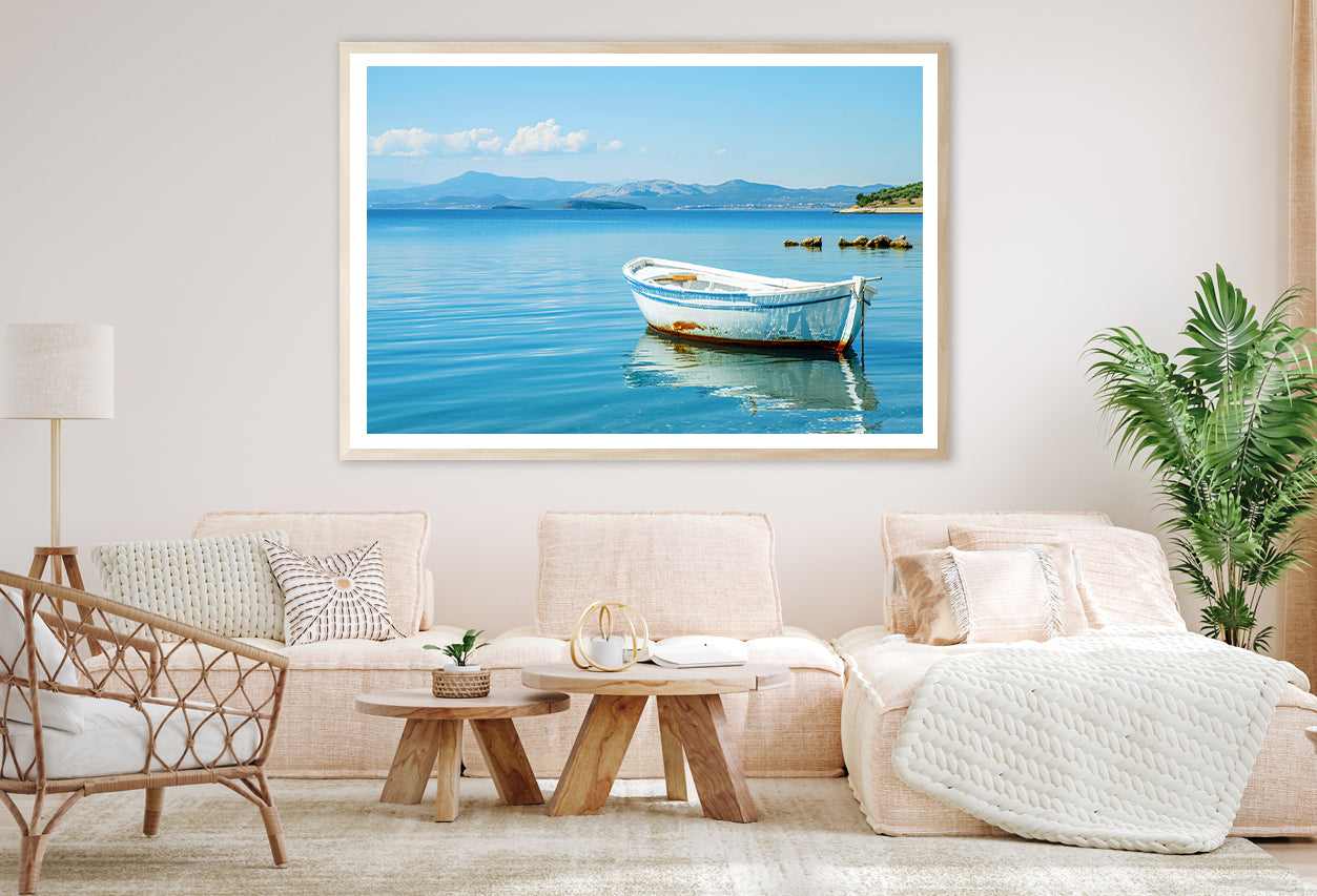 Small White Fishing Boat Floating Alone Home Decor Premium Quality Poster Print Choose Your Sizes - Bella Home Decor